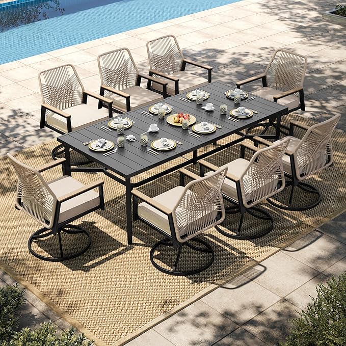 HERA'S HOUSE 9 Pieces Outdoor Dining Set, Patio Table and Chairs for 8, 8 x Cushioned Swivel Chairs and 1 x 83 Large Rectangle Dining Table, Outdoor Dining Table Set for Lawn Garden Porch