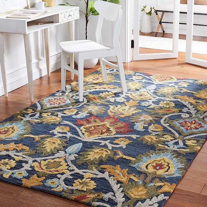 SAFAVIEH Blossom Collection Area Rug - 4' Square, Navy & Multi, Handmade Wool, Ideal for High Traffic Areas in Living Room, Bedroom (BLM402A)