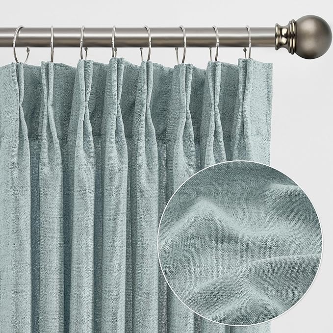 Light Blue Linen Pinch Pleat Curtains 108 Inches Long Pleated Semi Sheer Textured Drapes Hooks Back Tab Coastal Modern Light Filtering Curtain 2 Panels for Living Room Bedroom Office 42x108