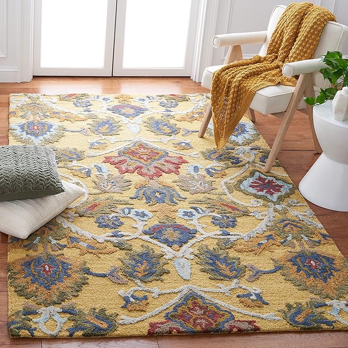 SAFAVIEH Blossom Collection Area Rug - 4' Square, Gold & Multi, Handmade Wool, Ideal for High Traffic Areas in Living Room, Bedroom (BLM402D)