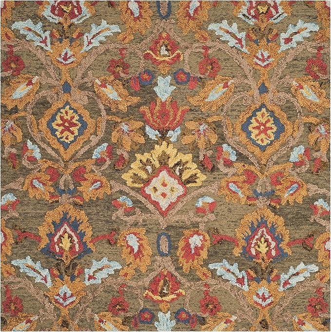 SAFAVIEH Blossom Collection Area Rug - 8' Square, Green & Multi, Handmade Wool, Ideal for High Traffic Areas in Living Room, Bedroom (BLM402B)