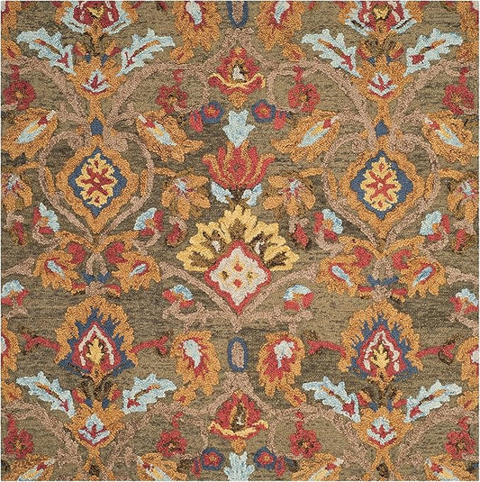 SAFAVIEH Blossom Collection Area Rug - 8' Square, Green & Multi, Handmade Wool, Ideal for High Traffic Areas in Living Room, Bedroom (BLM402B)