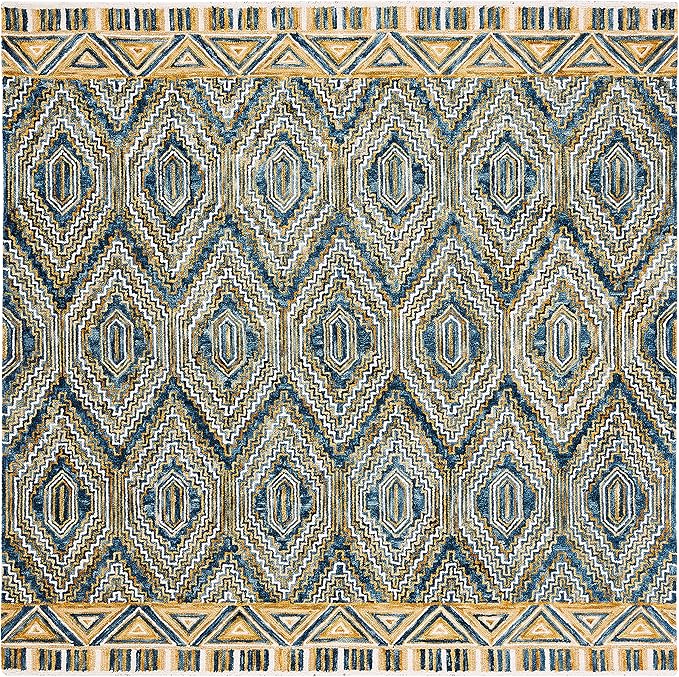 SAFAVIEH Aspen Collection Area Rug - 7' Square, Blue & Gold, Handmade Boho Wool, Ideal for High Traffic Areas in Living Room, Bedroom (APN822M)