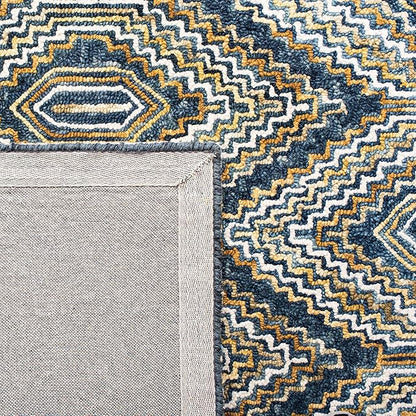 SAFAVIEH Aspen Collection Area Rug - 5' Square, Blue & Gold, Handmade Boho Wool, Ideal for High Traffic Areas in Living Room, Bedroom (APN822M)