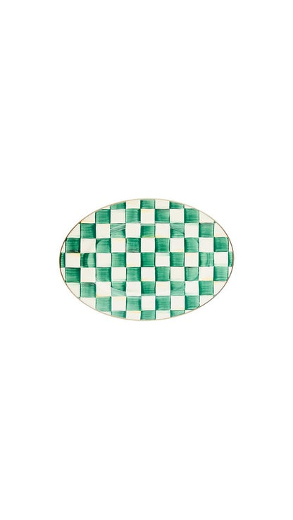 MACKENZIE-CHILDS Enamel Oval Platter, Serving Plate for Entertaining, Small, Green-and-White Emerald Check