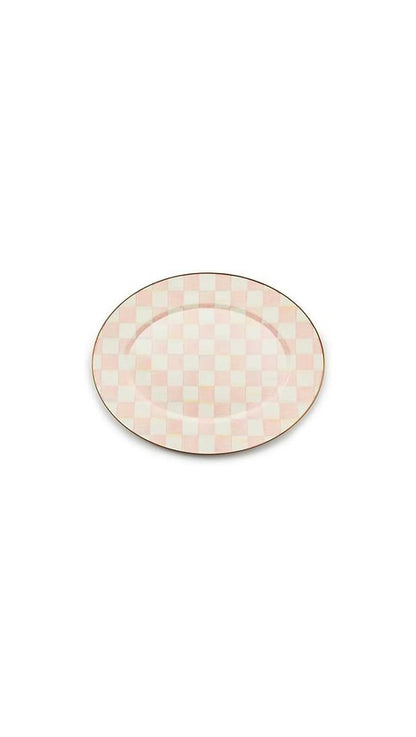 MACKENZIE-CHILDS Enamel Oval Platter, Serving Plate for Entertaining, Large, Pink-and-White Rosy Check